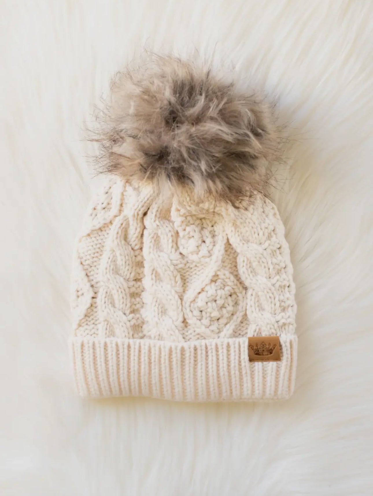Beige Cable Knit Pom Hat