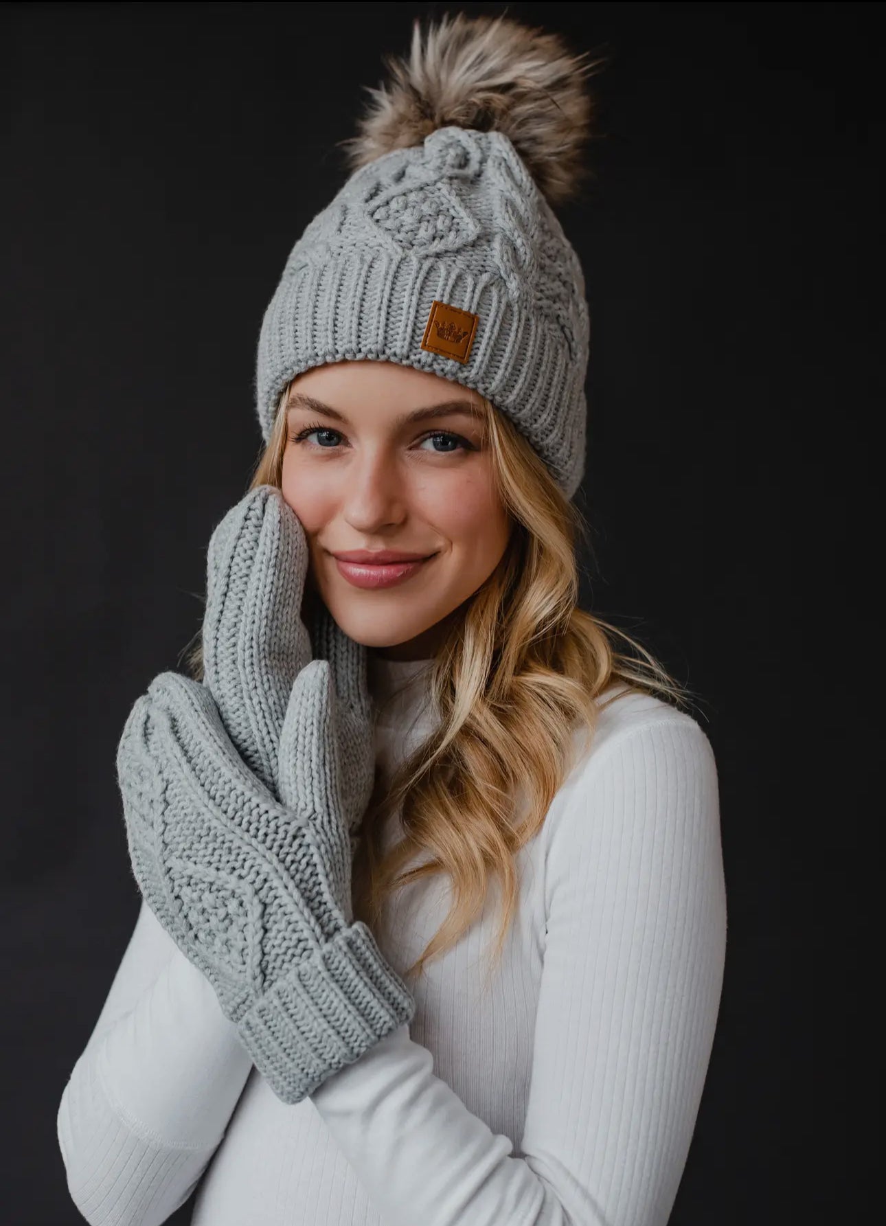 Light Gray Cable Knit Pom Hat