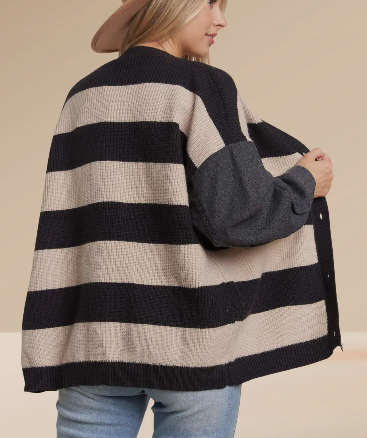 Denim Sleeve Stripe Sweater Cardigan