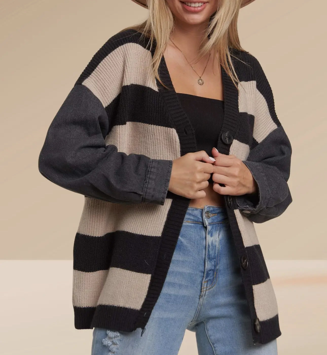 Denim Sleeve Stripe Sweater Cardigan