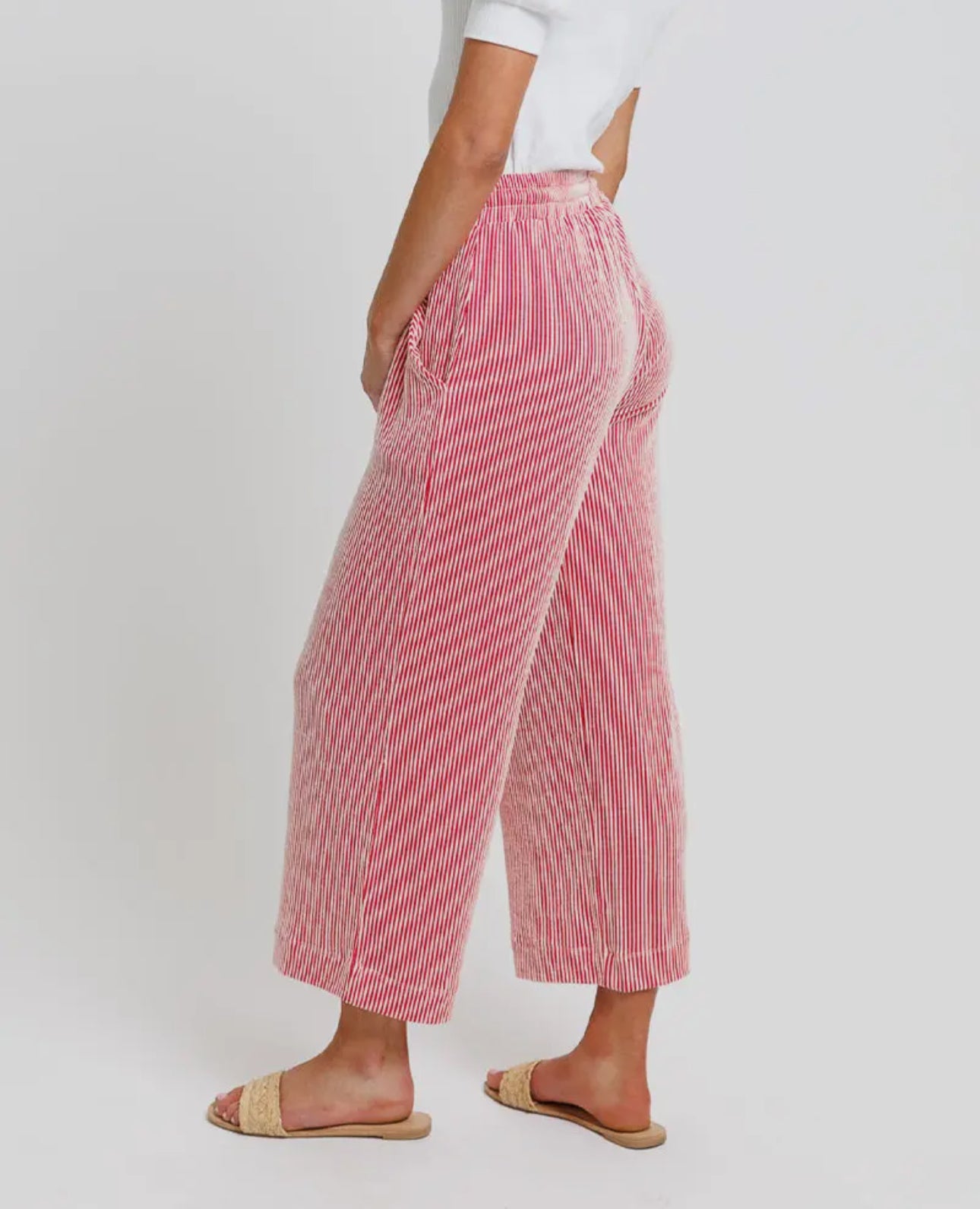 Red Striped Wide Leg Cropped Knit Pant