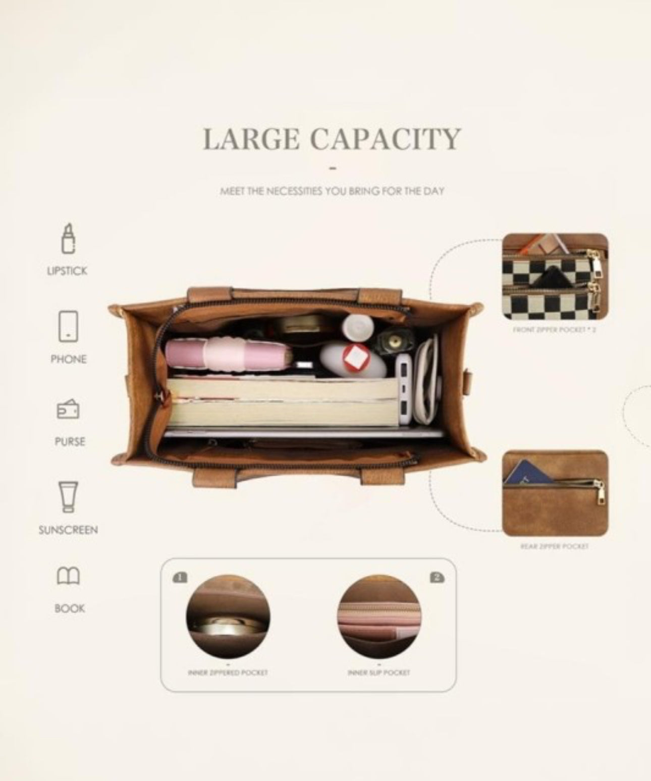 Camel Checkered Tote Bag