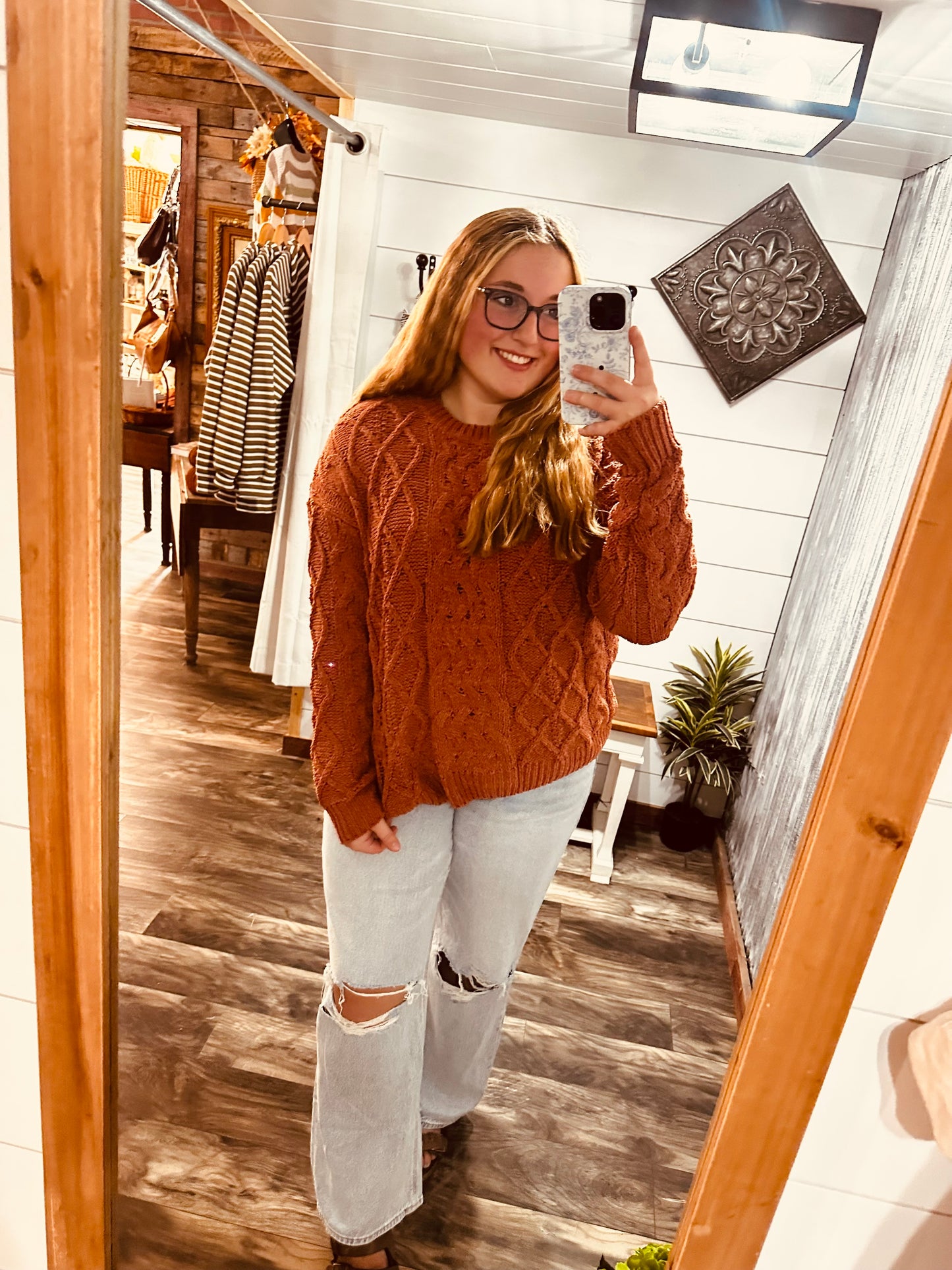Rust Cable Knit Crew Sweater