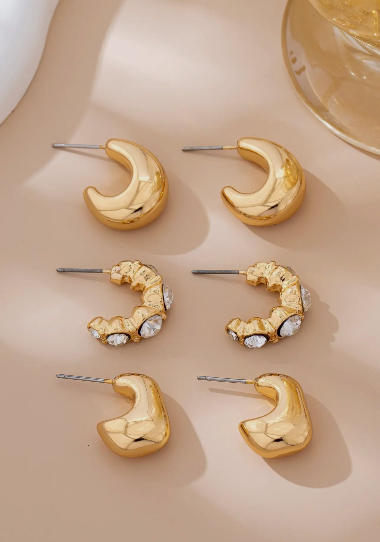 Rhinestone Geo Puffy Hoop Trio