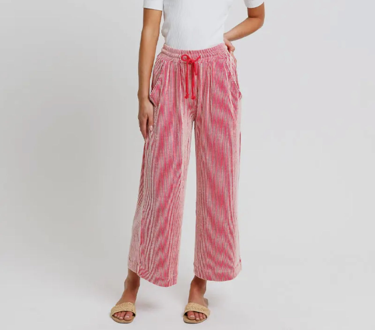 Red Striped Wide Leg Cropped Knit Pant
