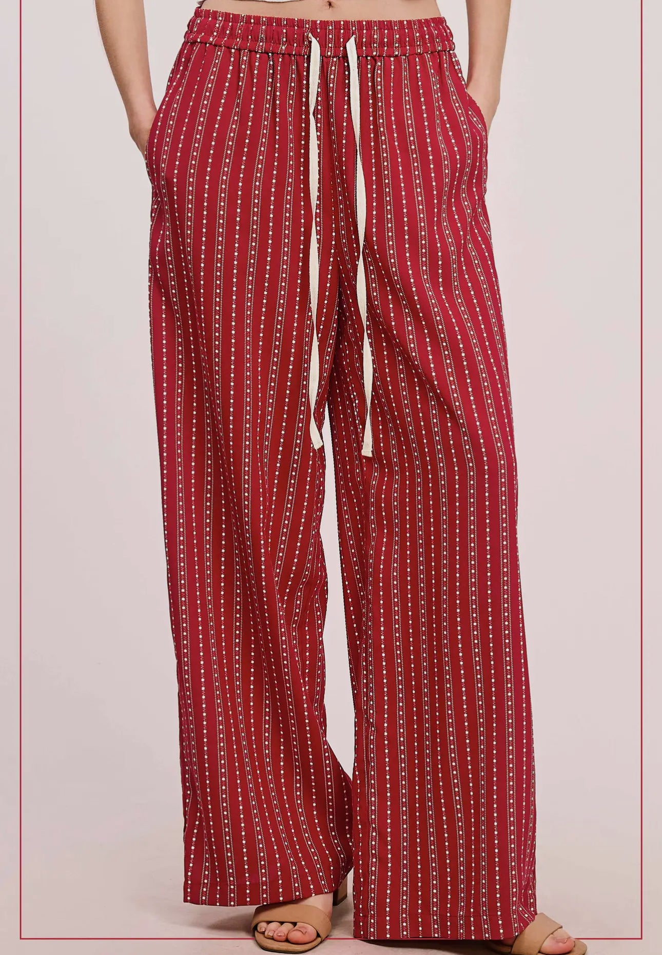Cherry Red Patterned Design Relaxed Fit Pants with Pockets