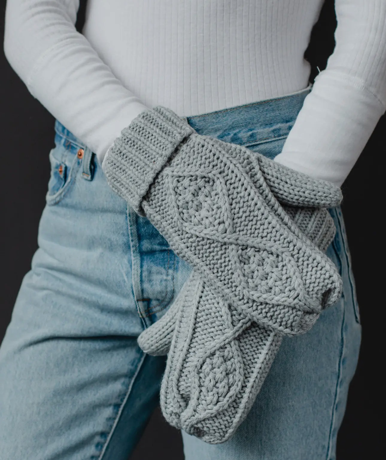 Light Gray Cable Knit Mittens