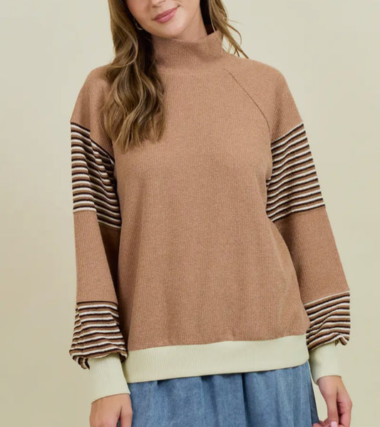 Beige Mixed Stripe Long Sleeve Top