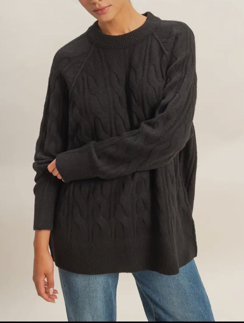 Black Crewneck Cable Knit Sweater