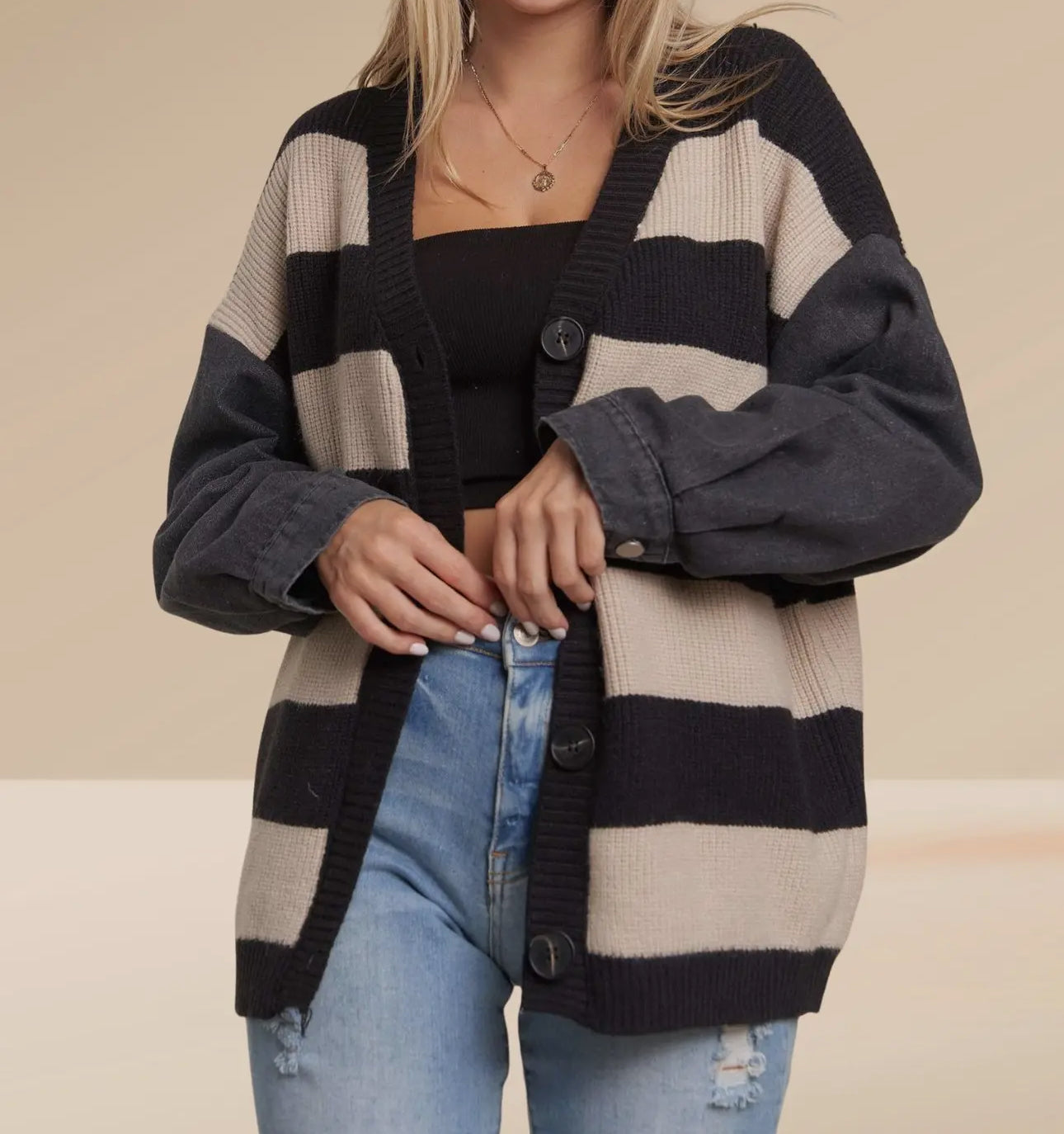 Denim Sleeve Stripe Sweater Cardigan