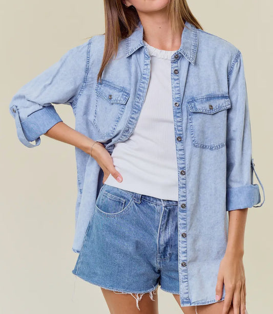 Chambray Button Down Shirt with Roll Up Sleeve
