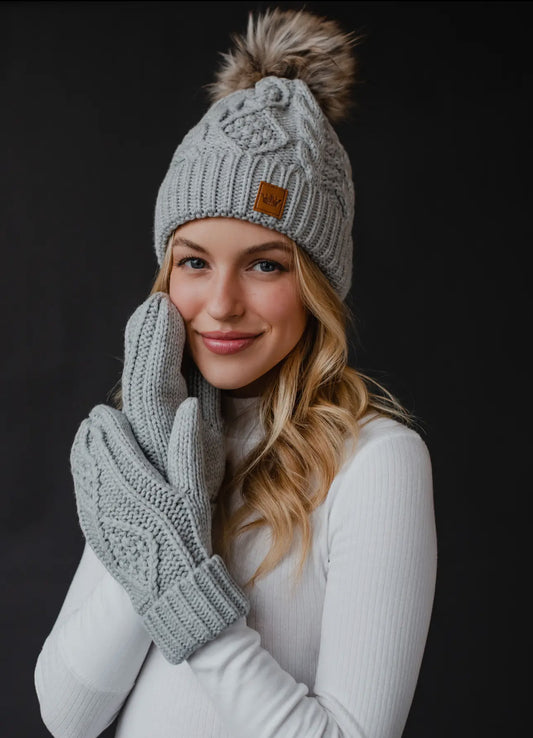 Light Gray Cable Knit Pom Hat