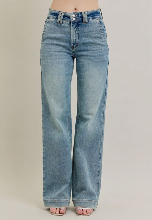 High Waisted Double Button Wide Leg Jeans