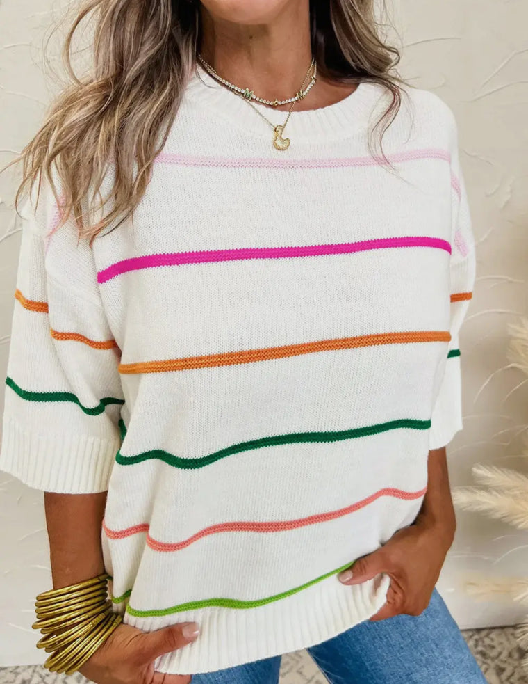 Think Spring White Half Sleeve Sweater