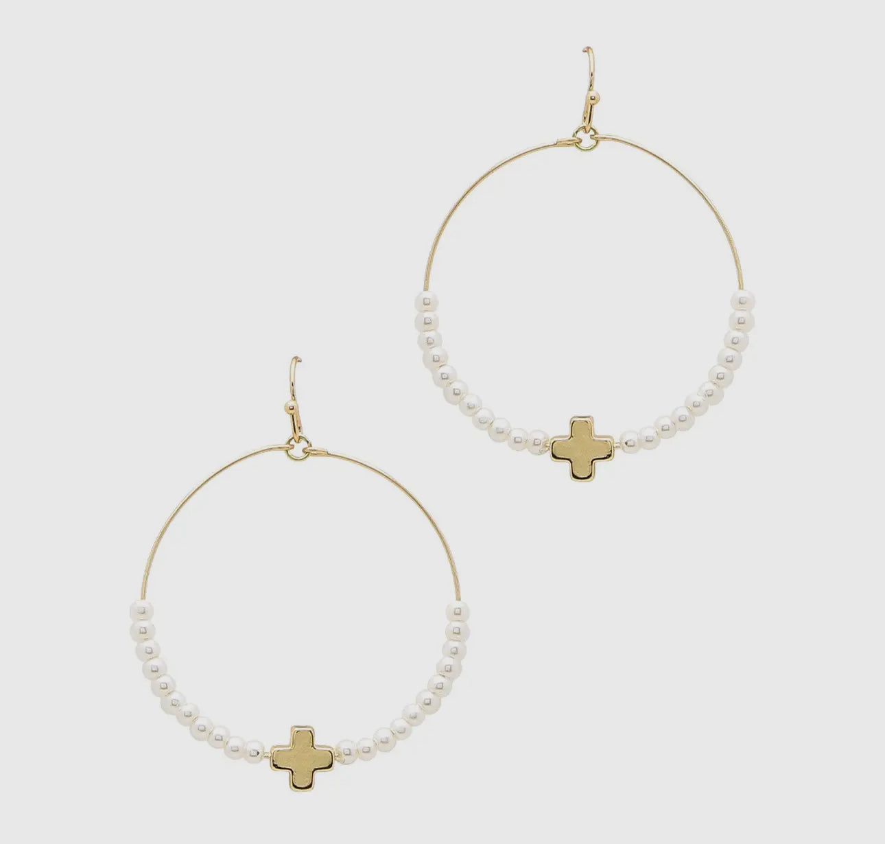 Gold Open Hoop Pearl Cross Earrings