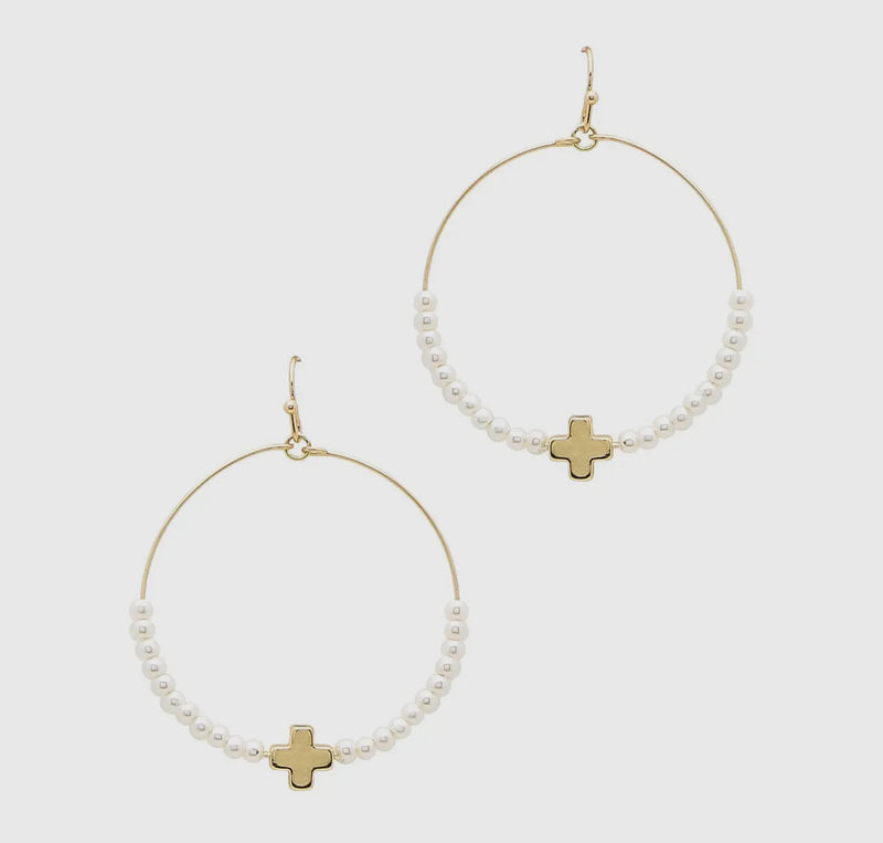 Gold Open Hoop Pearl Cross Earrings