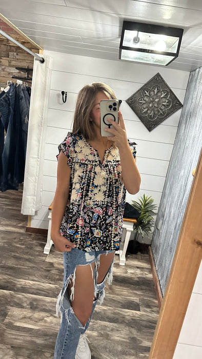 SJ Black Floral Embroidered Flutter Sleeve Top