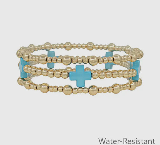 Set of 3 Beaded Turquoise Cross Stretch Bracelets