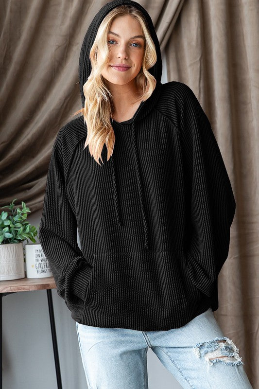 Solid Urban Ribbed Hoodie Top