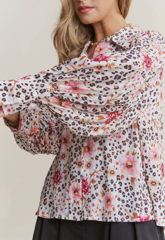 Leopard & Floral Print Chic Button Down Top