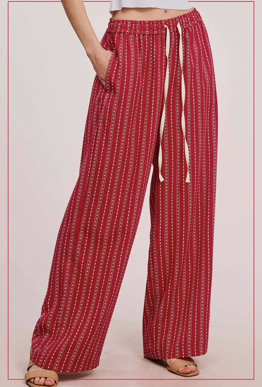 Cherry Red Patterned Design Relaxed Fit Pants with Pockets