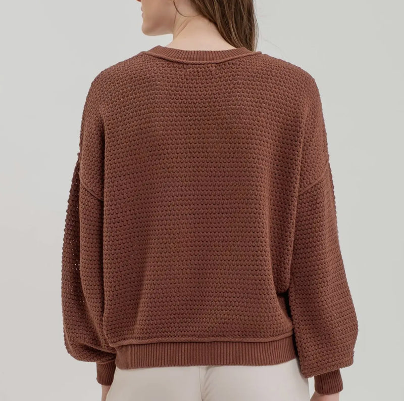 Brown Checkered Crochet Knit Sweater