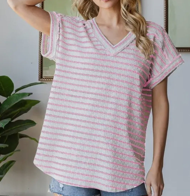 Cream & Pink V-Neck Top