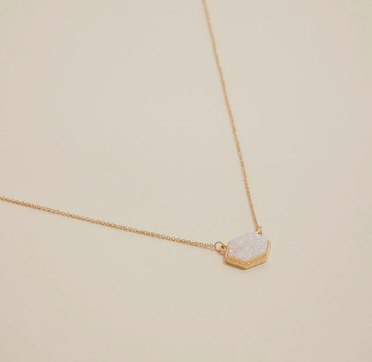 Hexagon Druzy White Stone Necklace