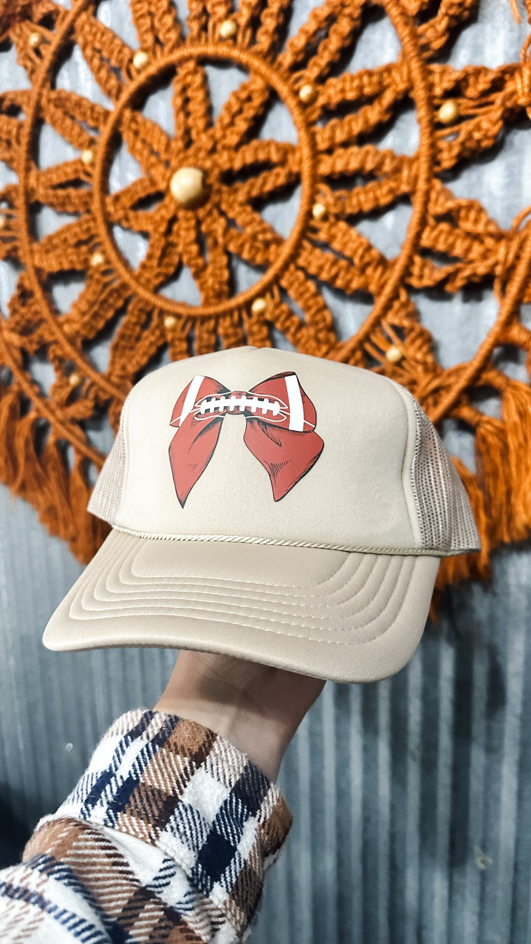 Football Bow Tan Trucker Hat