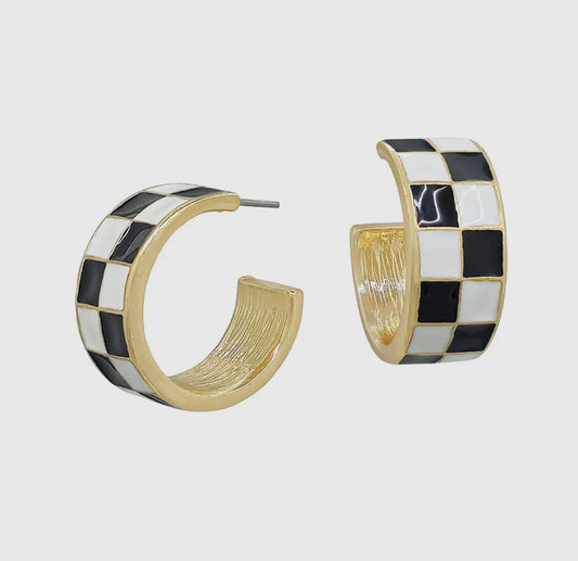 White & Black Checkered Hoop Earrings