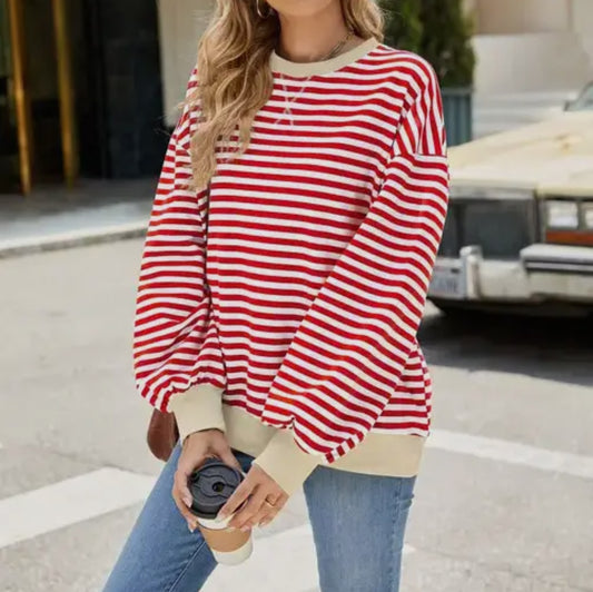 Red and White Stripe Crew Neck Sweater