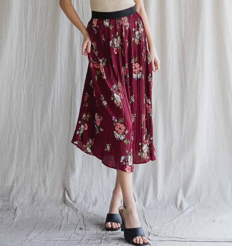 Burgundy Pleated Floral Skirt