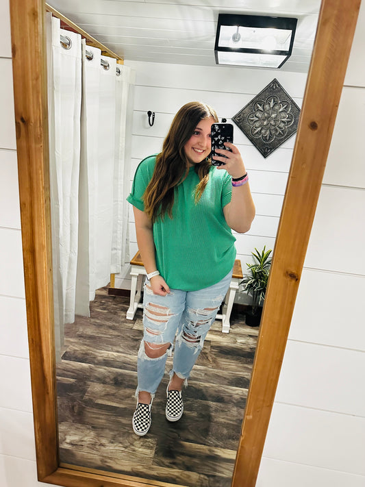 Kelly Green Short Sleeve Ribbed Top