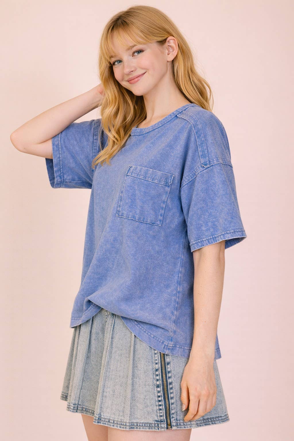 Blue Mineral Washed Knit Top with Pocket