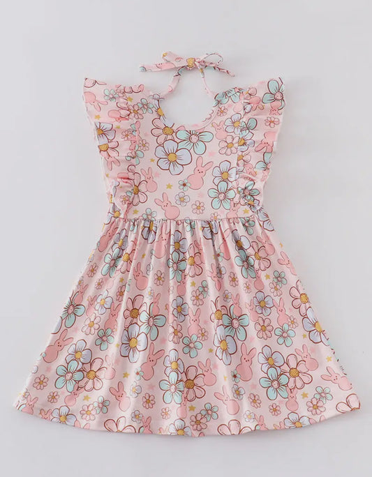 Easter Rabbit Floral Ruffle Girl Dress