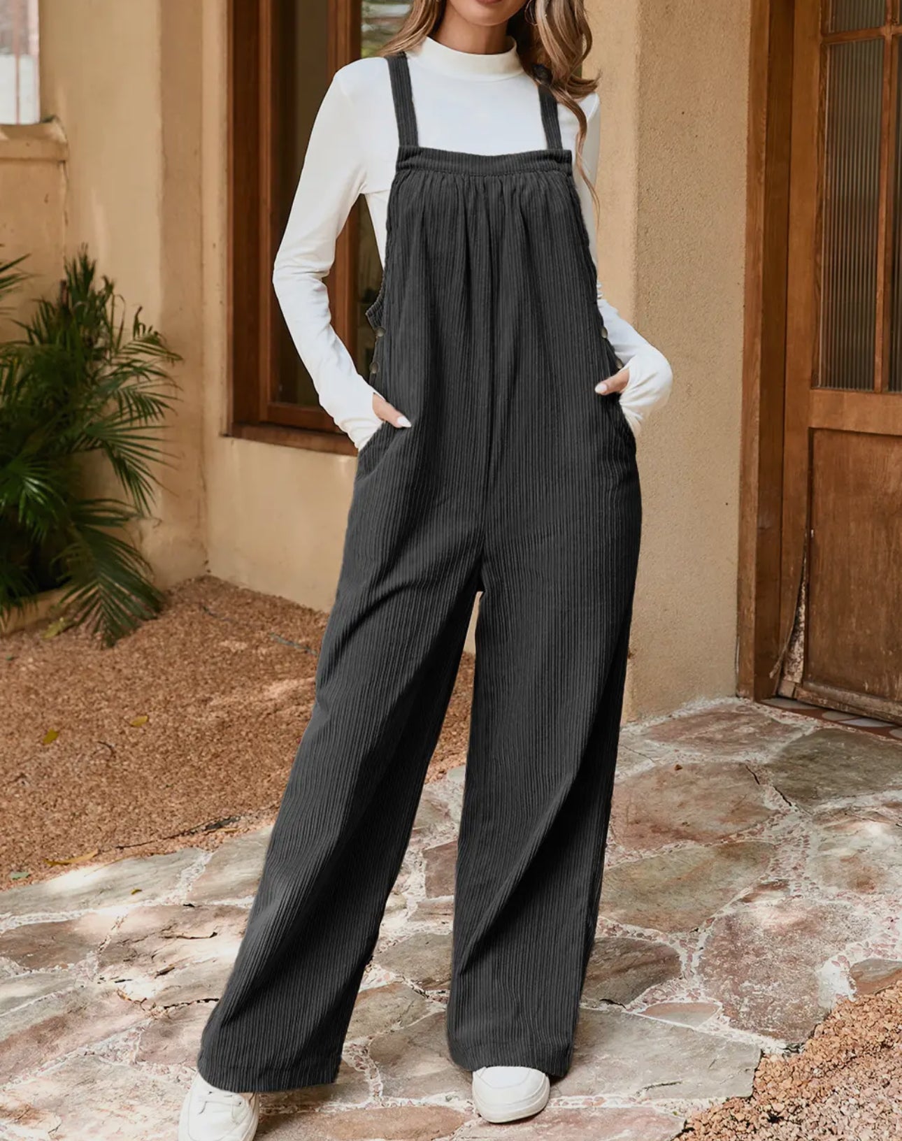 Black Corduroy Overalls with Pockets