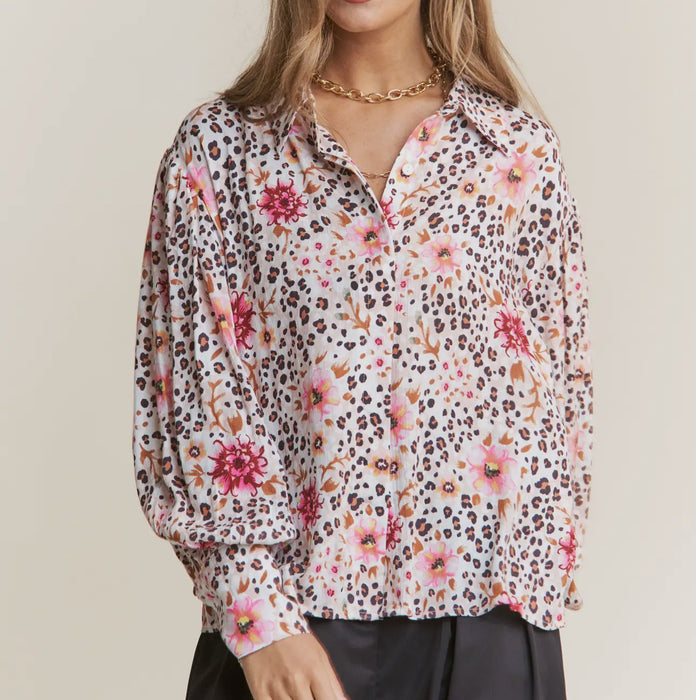 Leopard & Floral Print Chic Button Down Top