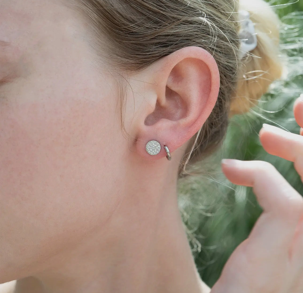 Steel Pave Stone Round Stud Earrings