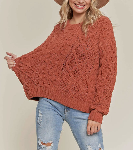 Rust Cable Knit Crew Sweater