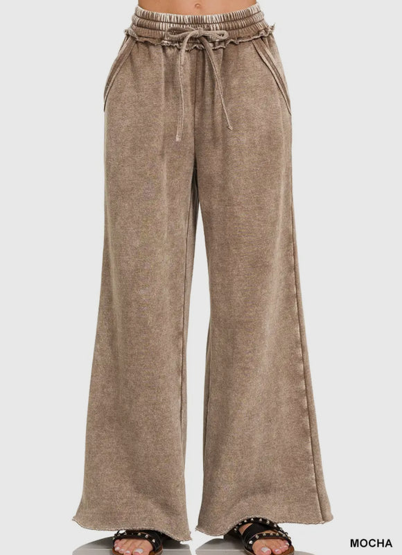 Mocha Acid Wash Fleece Palazzo Sweatpants with Pockets