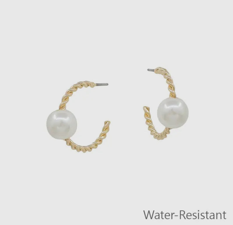 Water Resistant Textured Gold Hoop with Pearl Accent .75" Earring