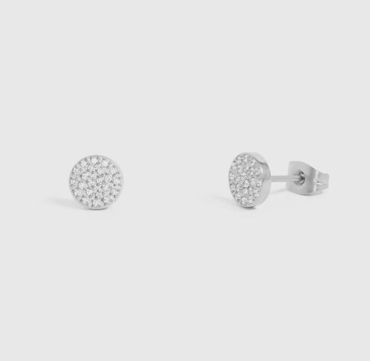 Steel Pave Stone Round Stud Earrings