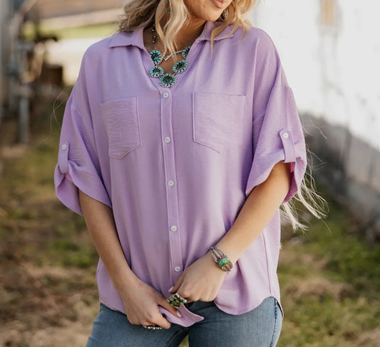 Lilac Half Sleeve Collared Button Down Top