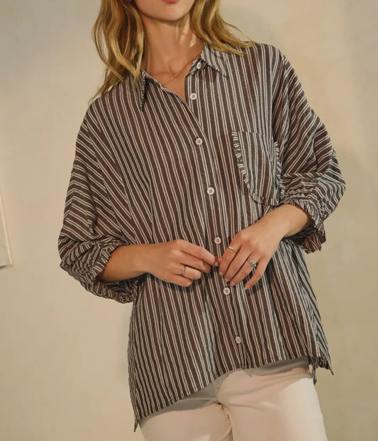 Black Striped Oversize Button Down Top