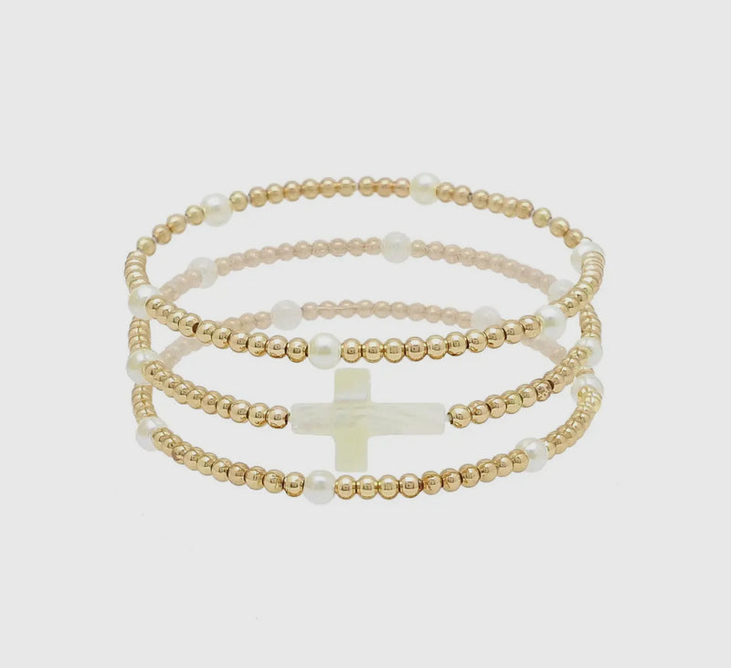 Gold Bead and White Stone Cross Set of 3 Bracelets