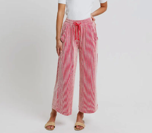 Red Striped Wide Leg Cropped Knit Pant