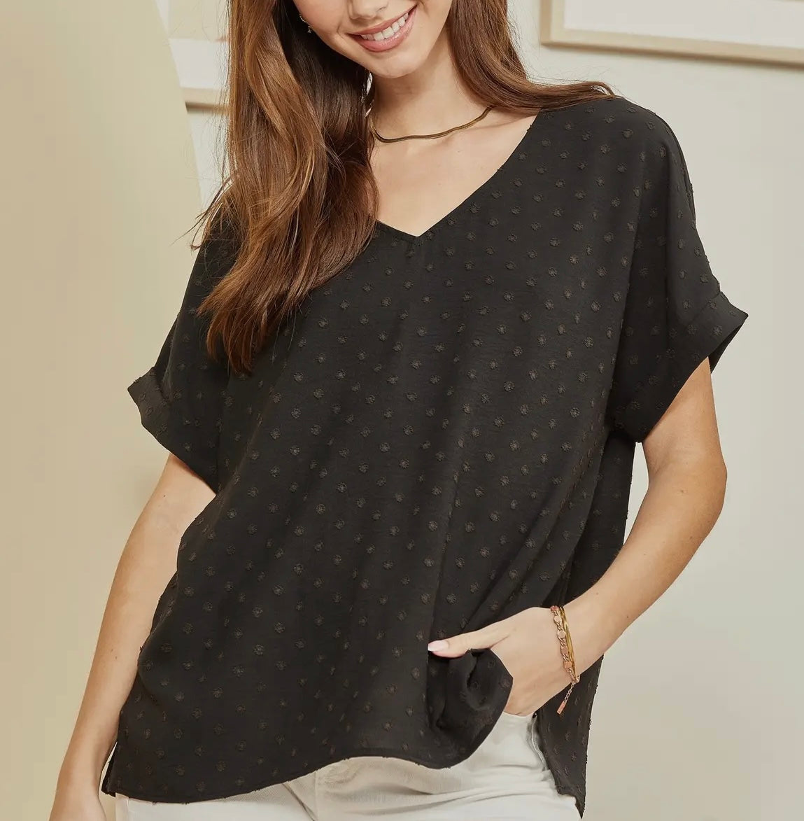 Black V-Neck Textured Top