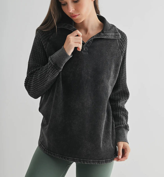 Black Waffle Knit Henley Top