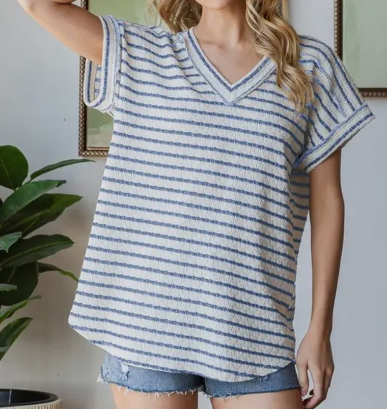 Cream & Chambray V-Neck Top