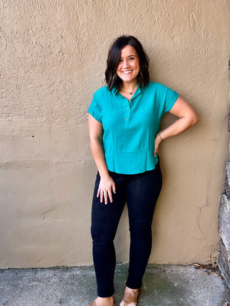 Mid Button Down Woven Top / Teal